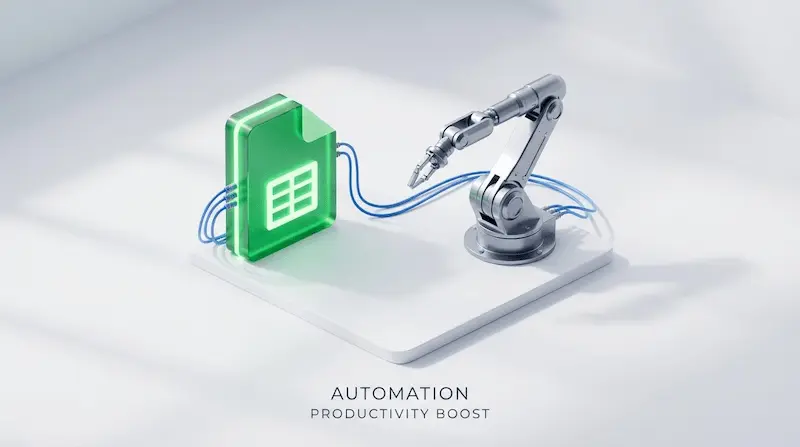 구글 스프레드시트와 제미나이 AI가 연동되어 업무가 자동화되는 모습을 표현한 3D 일러스트