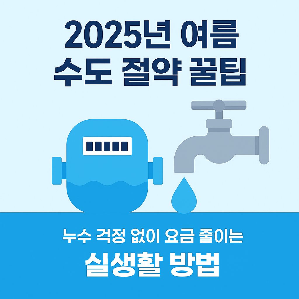 수돗물 절약을 주제로 한 500x500 정사각형 일러스트, 수도꼭지와 물방울을 강조한 디자인