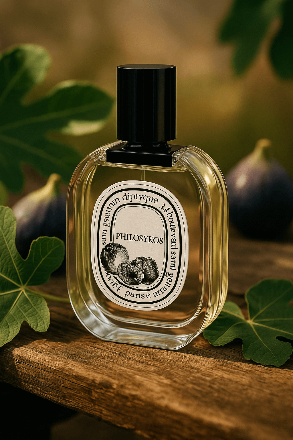 나무 질감의 테이블 위에 놓인 딥디크 필로시코스 향수병과 그 주변을 둘러싼 신선한 무화과 잎과 열매가 햇빛 아래 고급스럽게 연출된 제품 이미지