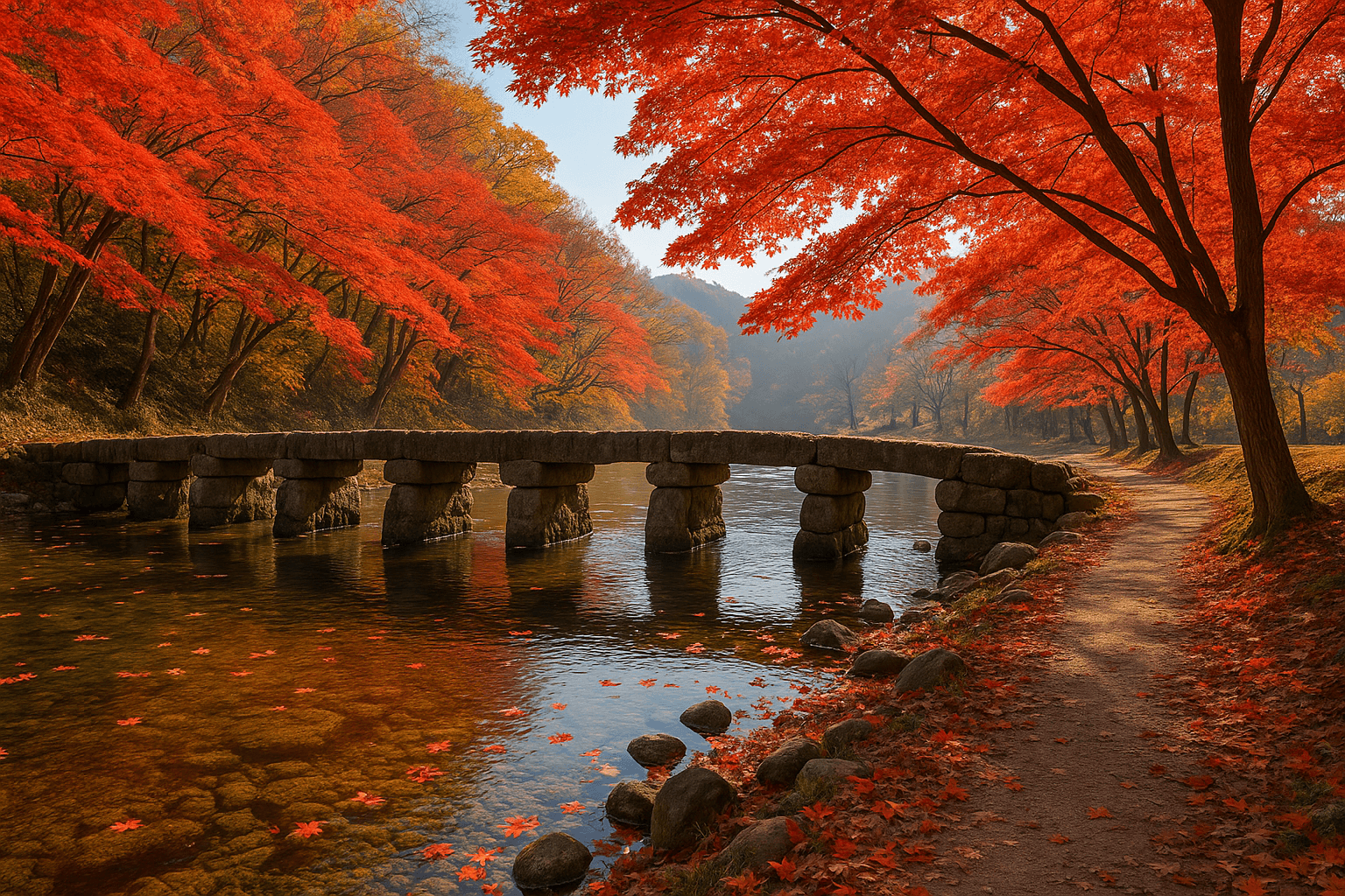 11월 진천 농다리 단풍길 산책, 천년 돌다리 위로 흐르는 늦가을의 정취