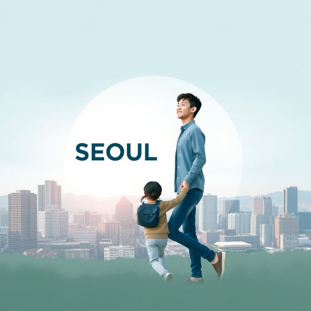 서울시의 상징적인 이미지(예: 서울시 로고&amp;#44; 서울의 스카이라인)와 청년의 모습을 함께 배치합니다. 서울시가 청년을 따뜻하게 감싸 안거나&amp;#44; 청년이 서울시의 지원을 받아 힘차게 나아가는 듯한 구도를 표현합니다. 신뢰감 있고 안정적인 색감을 사용하여 지원 사업의 공신력과 긍정적인 영향을 강조합니다. 