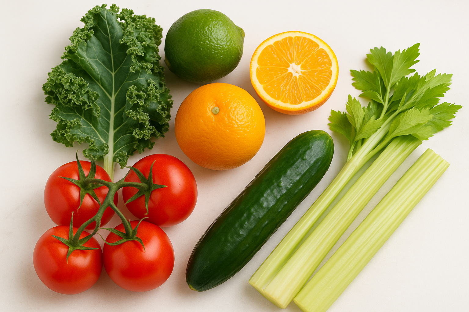밝은 배경 위에 신선한 오이, 셀러리, 토마토, 오렌지, 라임, 케일이 정갈하게 배치된 과일과 채소 모음