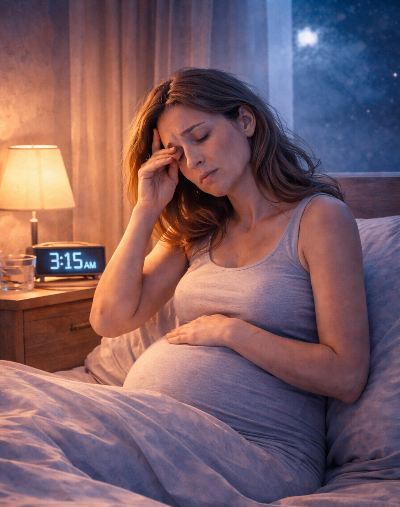 임신 중 새벽 각성과 수면 부족을 겪는 임산부의 모습과 3시 15분을 가리키는 시계가 보이는 이미지.