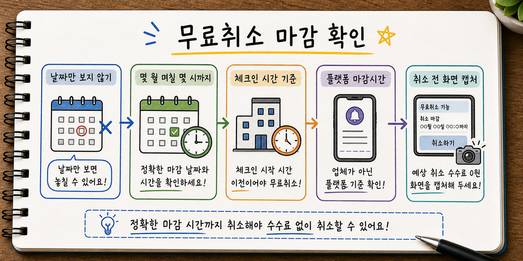 숙소 예약 무료취소 마감 날짜와 시간, 체크인 시간 기준, 플랫폼 마감시간, 취소 전 화면 캡처를 정리한 이미지