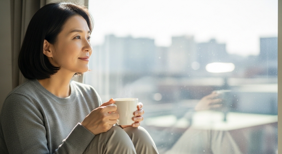커피 한 잔을 들고 창가에 앉은 엄마