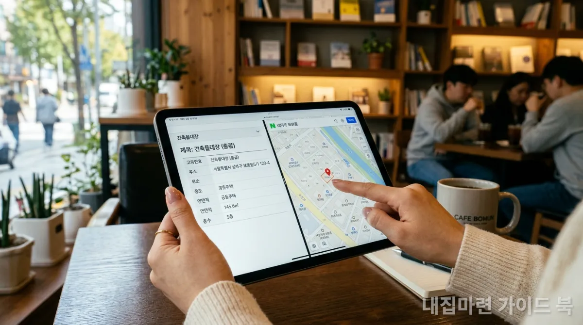 태블릿으로 등기부등본과 건축물대장을 꼼꼼히 확인하는 한국 여성의 손
