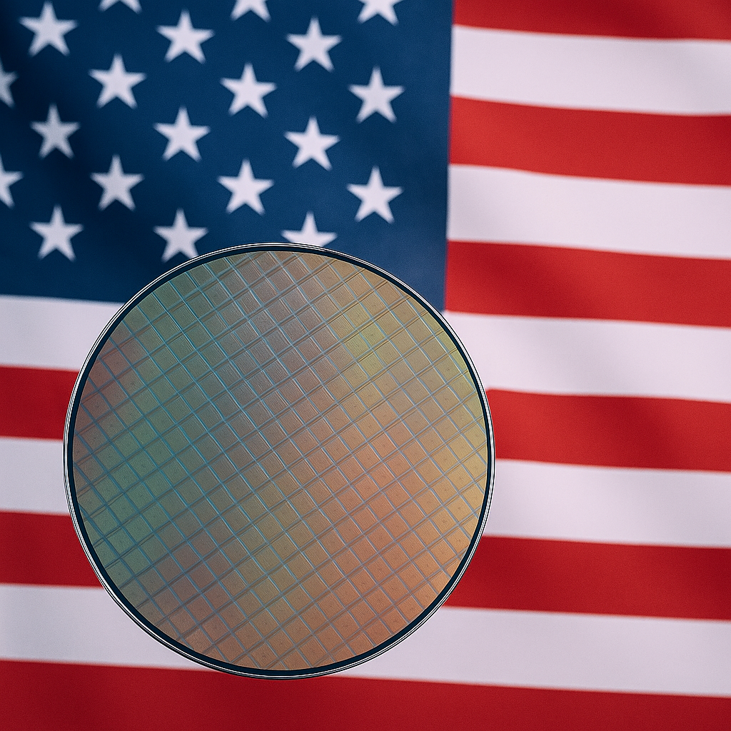 반도체 웨이퍼와 미국 국기를 함께 배경으로 한 이미지