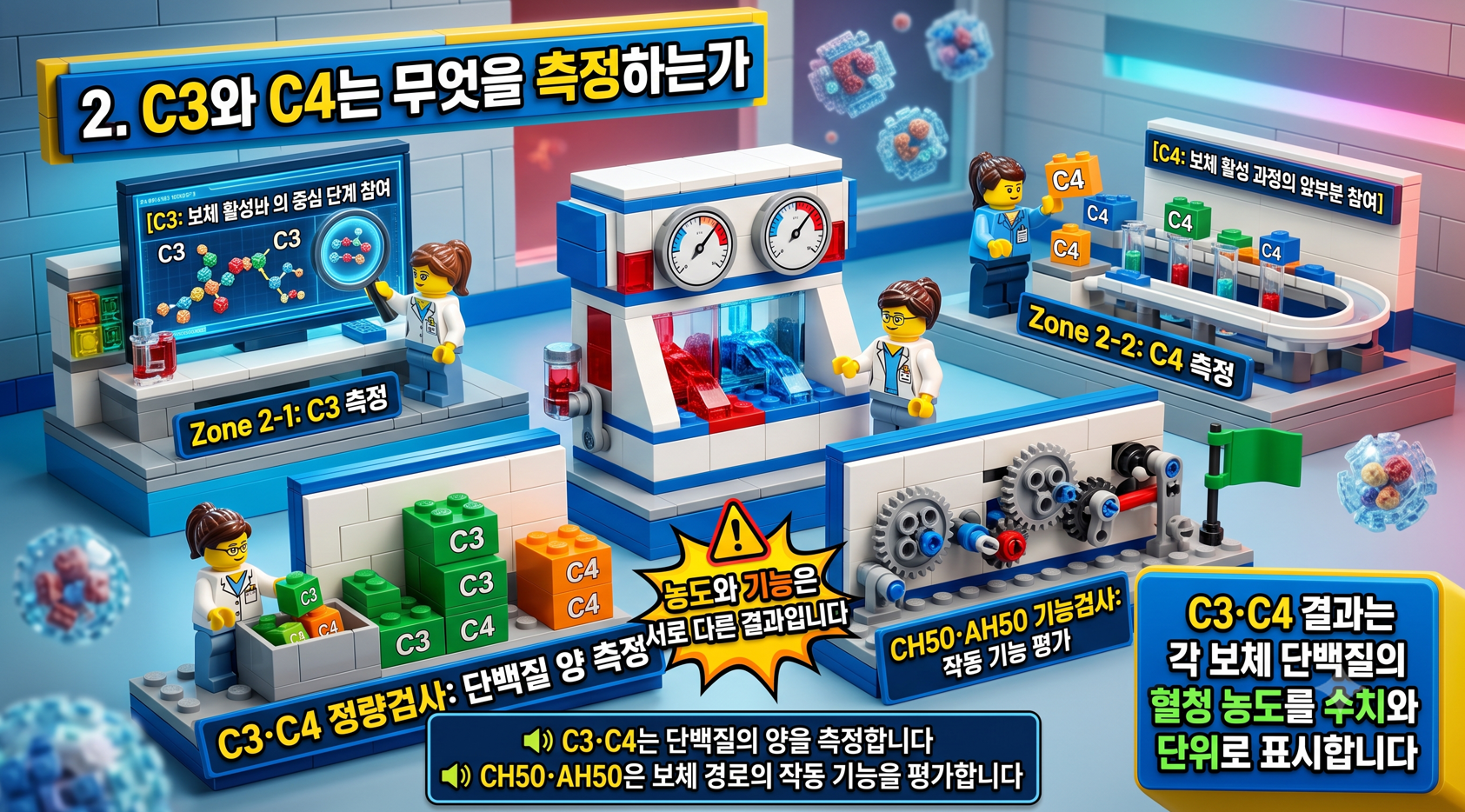 C3와 C4 보체 단백질의 활성 단계 및 농도 측정 원리를 비교한 레고 연구실 디오라마
