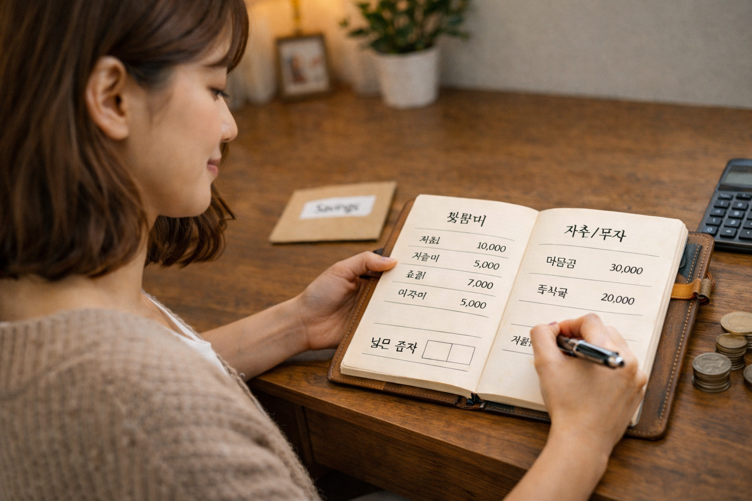 생활비와 저축 금액을 미리 배분해두는 예산 노트를 쓰고 있는 여성의 모습