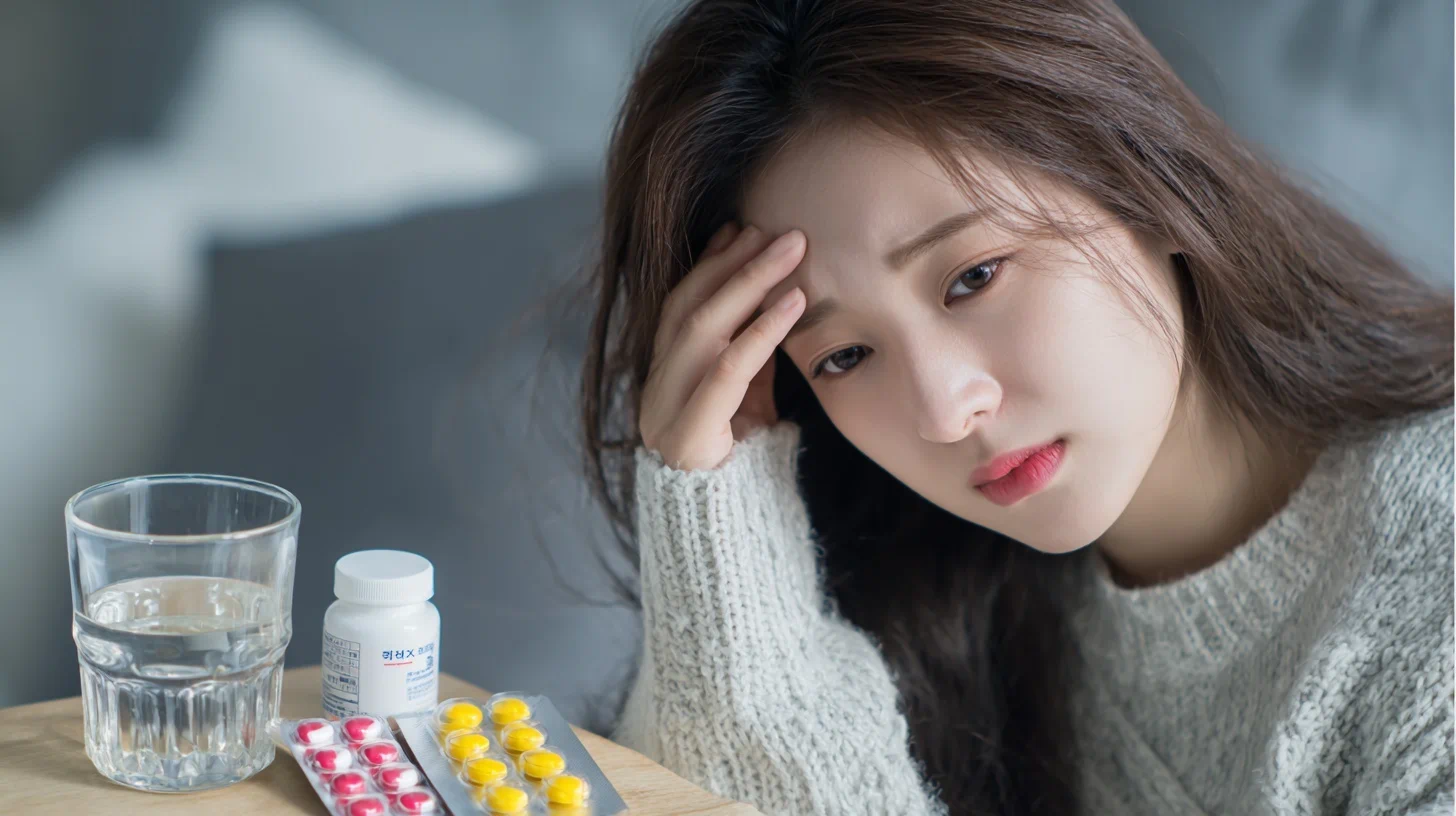 편두통 초기 증상으로 머리를 짚고 있는 사람 이미지