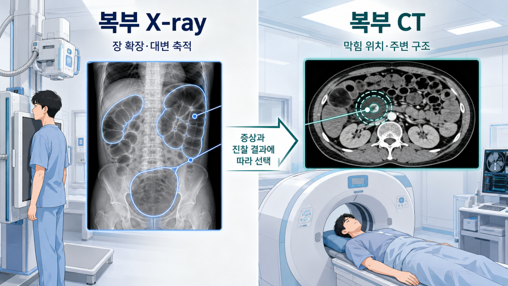 심한 분변매복이나 장폐색성 문제가 의심될 때 복부 X-ray와 CT 역할 비교