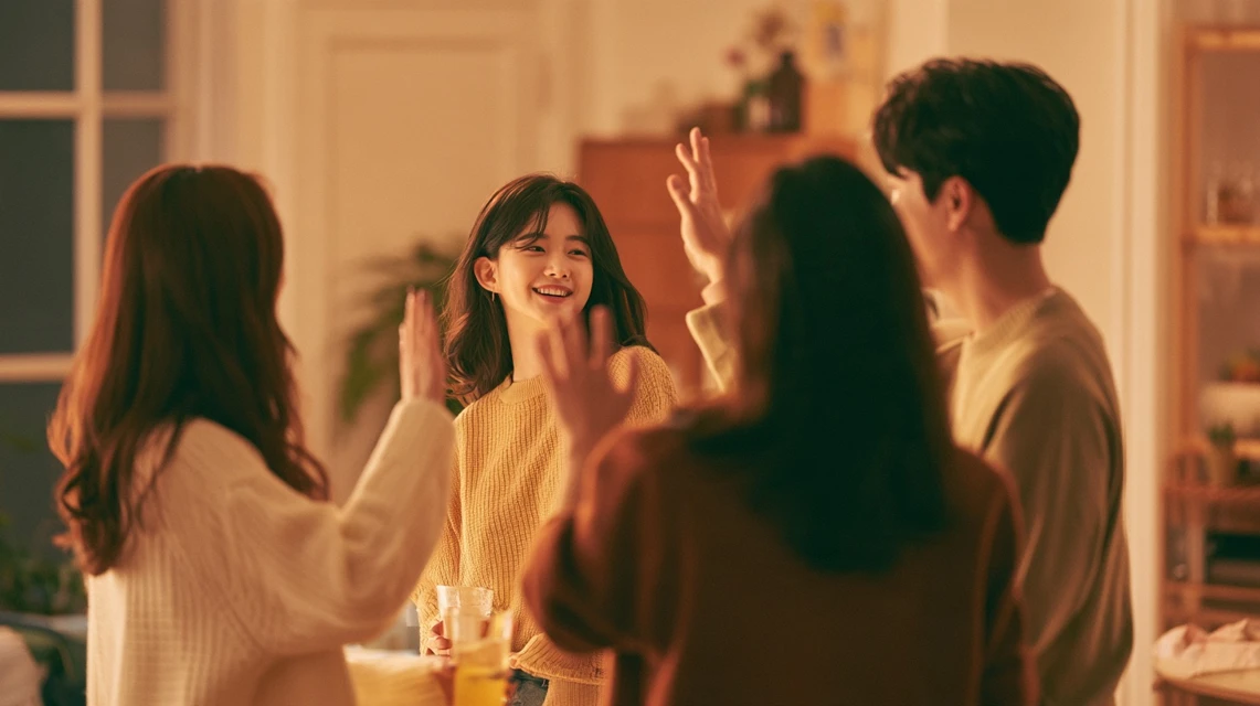 오랜만에 모임에 복귀해 인사 나누는 사람들