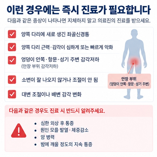양쪽 다리 증상 회음부 감각저하 배뇨 배변 이상 등 즉시 진료가 필요한 좌골신경통 경고 신호 이미지
