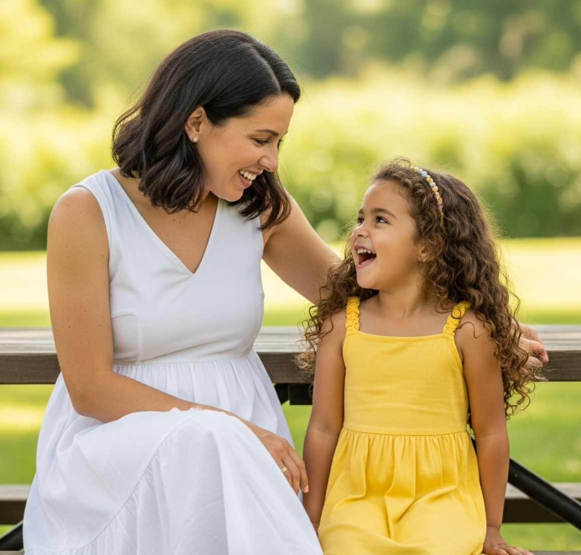 아이와 엄마가 서로 마주보며 즐겁게 이야기하고 있는 사진