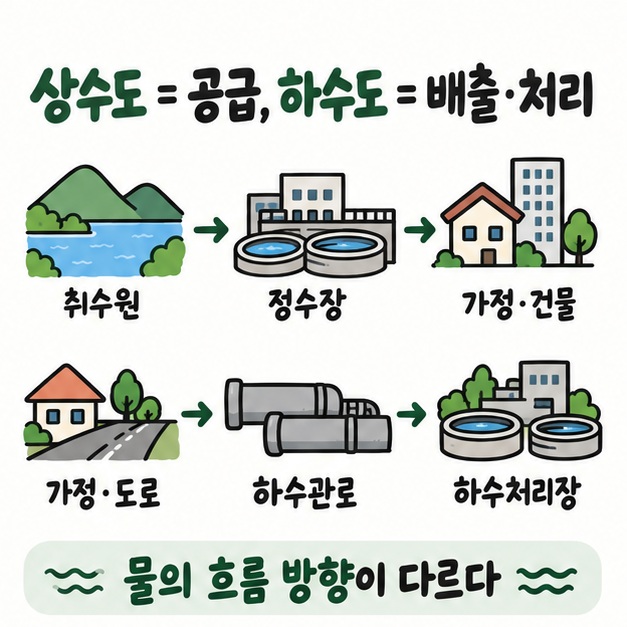 상수도는 취수원에서 정수장을 거쳐 가정으로 물을 공급하고 하수도는 가정과 도로의 물을 하수처리장으로 보내는 흐름을 비교한 카드