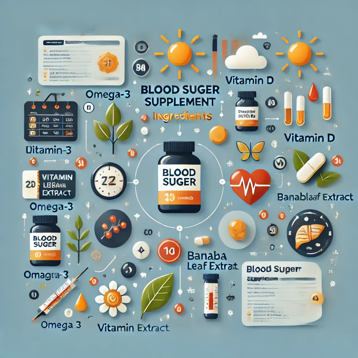 혈당 영양제 성분을 설명하는 인포그래픽: 오메가-3, 비타민 D, 바나바 잎 추출물 등 주요 성분과 효과가 시각적으로 표현된 이미지.