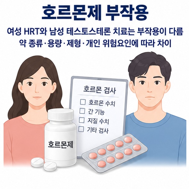 호르몬제 부작용과 여성 에스트로겐 프로게스토겐 남성 테스토스테론 치료의 차이를 보여주는 의료 교육용 이미지