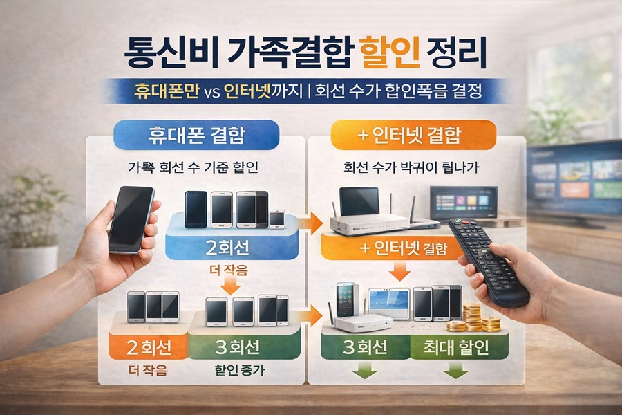 통신비 가족결합 할인 구조를 휴대폰 결합과 인터넷 결합으로 나눠 비교하고, 가족 회선 수에 따라 할인 체감이 커지는 흐름을 한눈에 정리한 안내 이미지입니다.