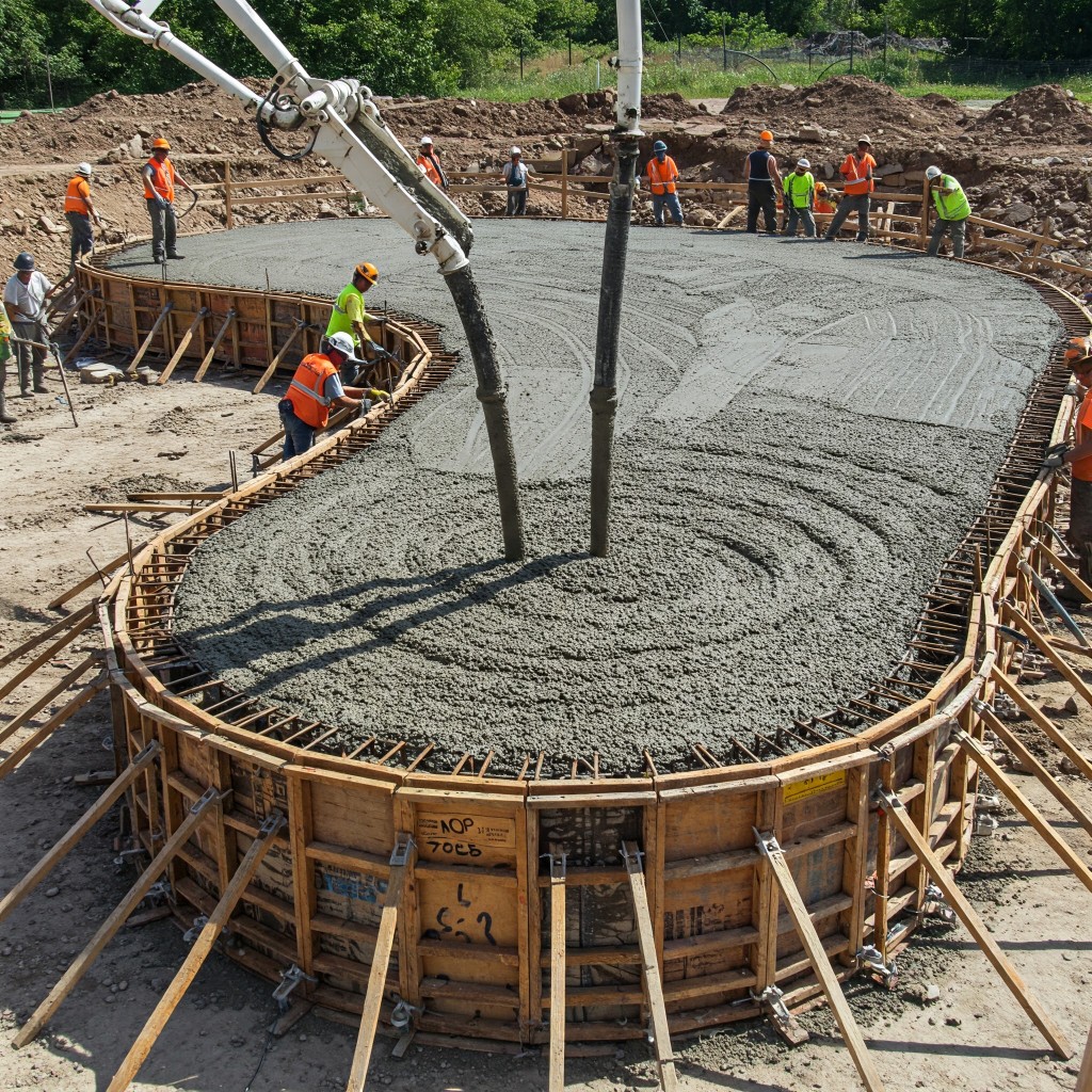 콘크리트 믹서 트럭에서 펌프를 통해 거푸집에 콘크리트를 타설하는 모습. 건설 현장의 역동적인 장면.