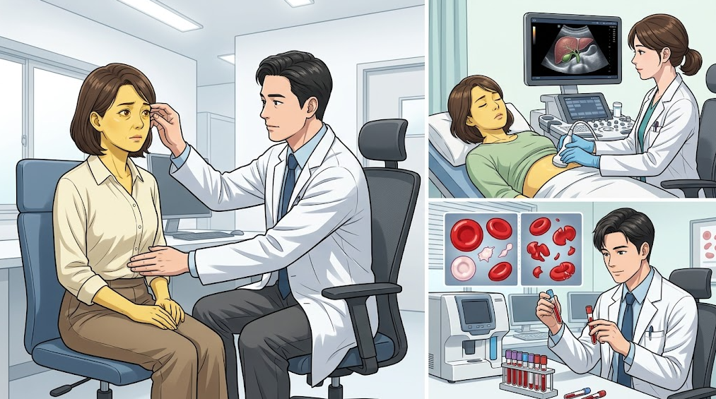 기본 내과 진료를 시작으로 간&middot;담도 초음파 검사 및 혈액질환 전문 진료로 연결되는 과정을 보여주는 진료과별 메디컬 일러스트