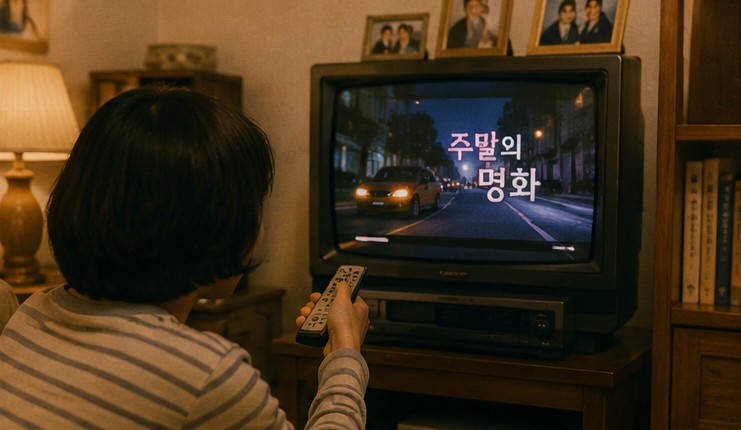 CRT TV 앞에서 리모컨을 들고 비디오테이프 녹화를 준비하는 사람의 모습