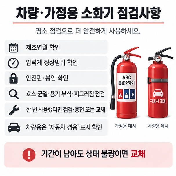 차량용 소화기의 자동차 겸용 표시 압력계 안전핀 봉인 부식 찌그러짐과 가정용 분말소화기 교체 시기를 확인하는 이미지