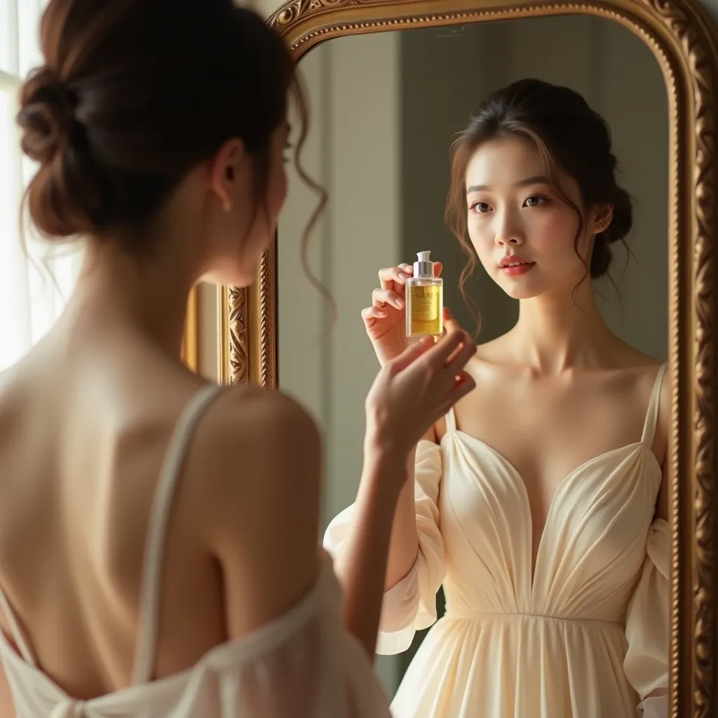 향수병을 들고 있는 여성&amp;#44; 거울을 들여다보는 여성&amp;#44; 우아한 화이트 드레스&amp;#44; 부드러운 조명&amp;#44; 로맨틱한 분위기&amp;#44; 빈티지한 화려한 프레임&amp;#44; 가볍고 쾌적한 분위기&amp;#44; 디테일한 패브릭 질감&amp;#44; 고요한 표정