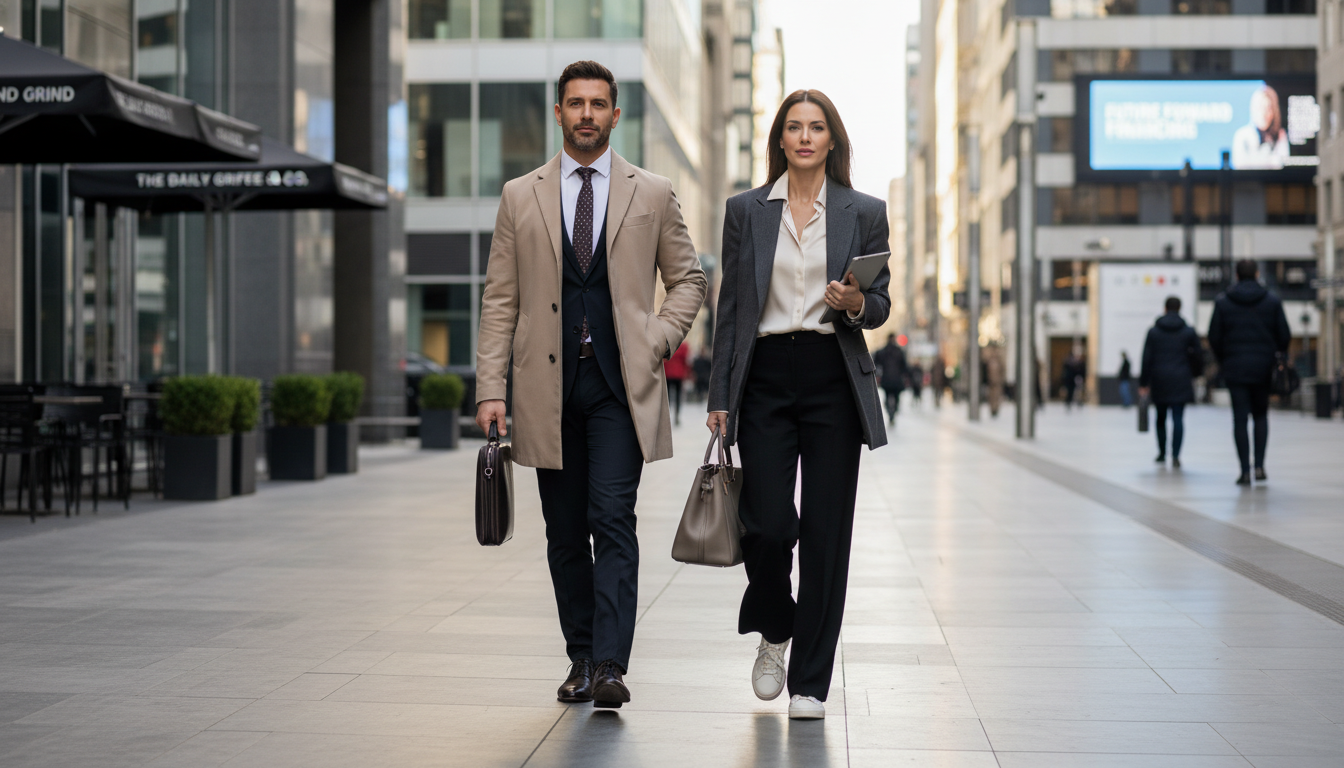 15도 16도 날씨에 어울리는 트렌치코트와 오버핏 블레이저를 입은 직장인 남녀