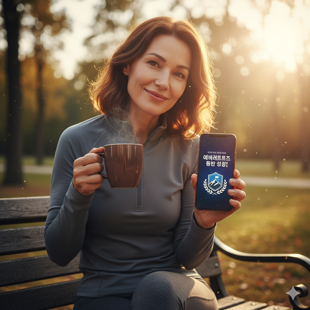벤치에 앉아 스마트폰으로 걷기 챌린지 성공 화면을 보며 만족스러워하는 여성.