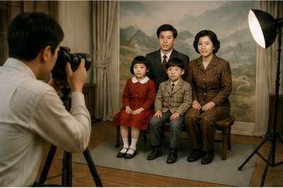 사진사가 카메라를 들여다보고 부모와 두 아이가 조명 아래에서 자세를 갖추고 앉아 있는 모습