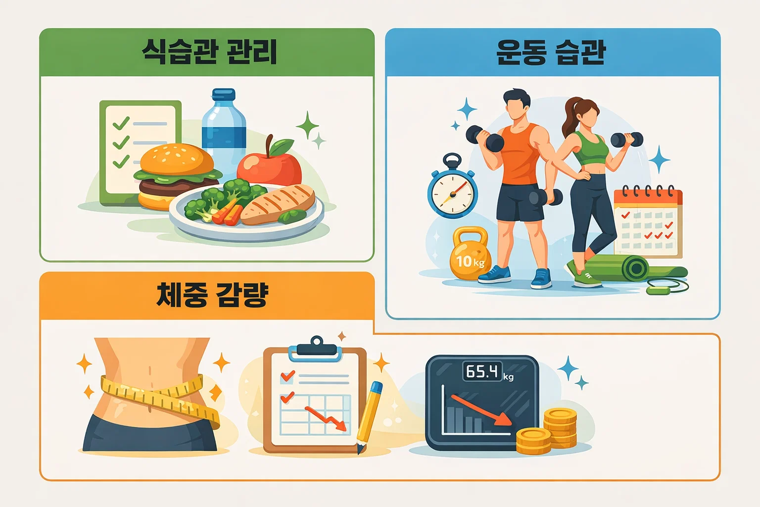 당뇨병 예방방법으로 실천해야 할 식습관 관리와 운동 습관, 체중 감량이 혈당 수치 안정화에 어떤 영향을 주는지 실행 기준 중심으로 정리한 이미지입니다