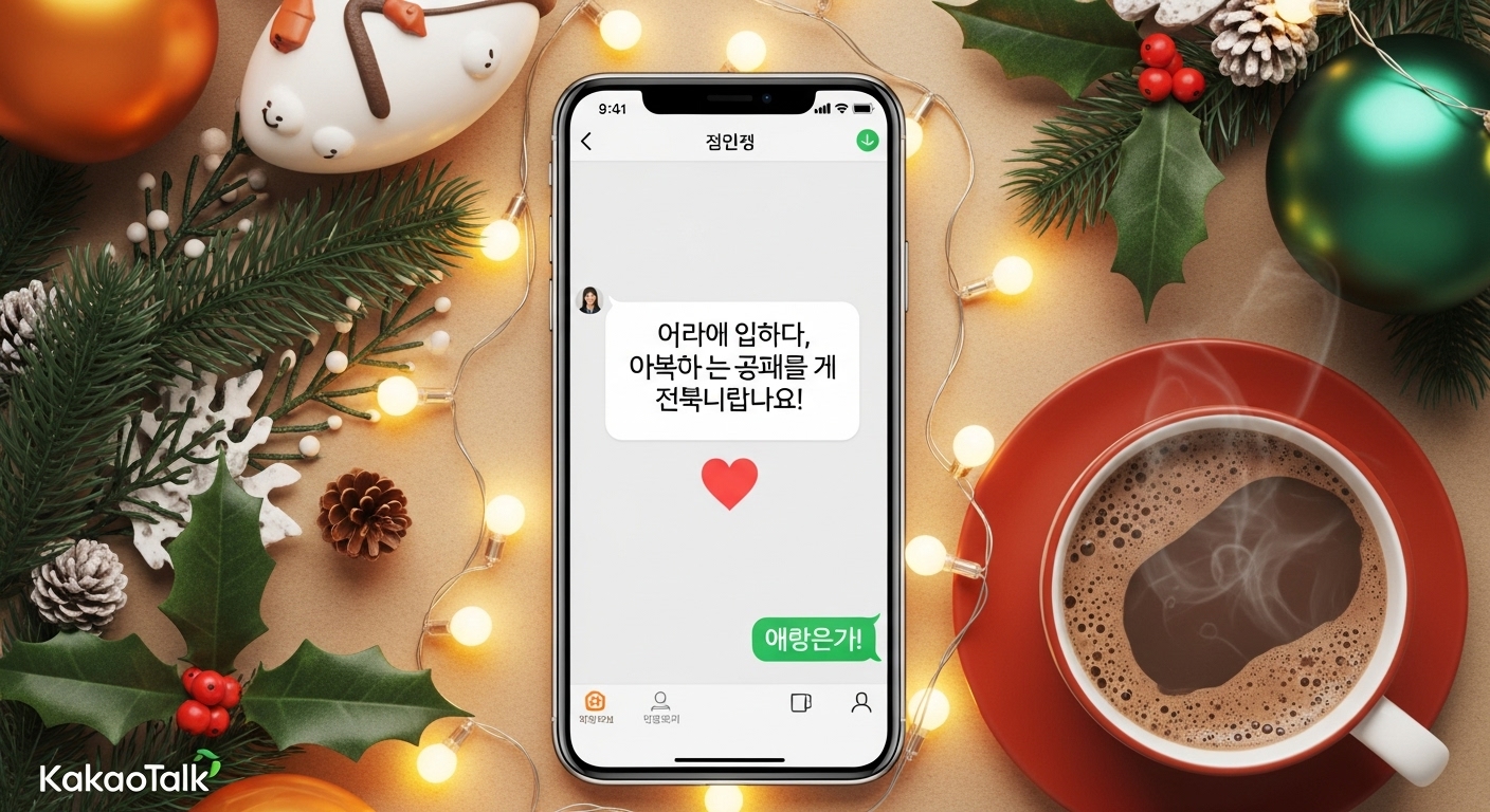 2025년 12월 초, 스마트폰으로 단체문자나 카톡을 보내는 손과 따뜻한 연말 분위기의 배경.