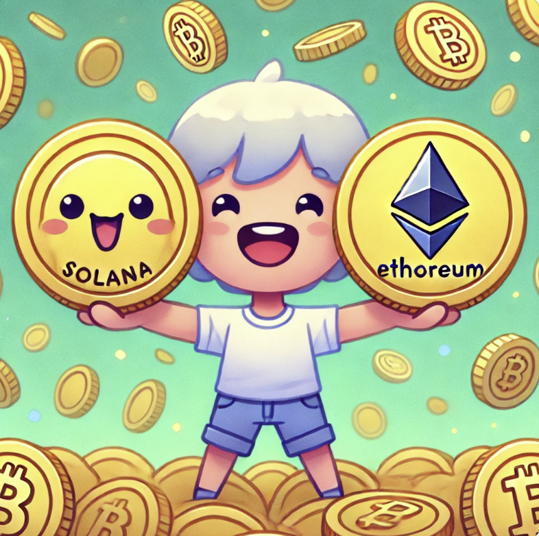 솔라나 vs 이더리움, 2025년 폭등할 코인은?(차트분석, 과거 프렉탈분석, 생태계비교, 코인종류)/ 솔라나와 이더리움코인을 든 사진