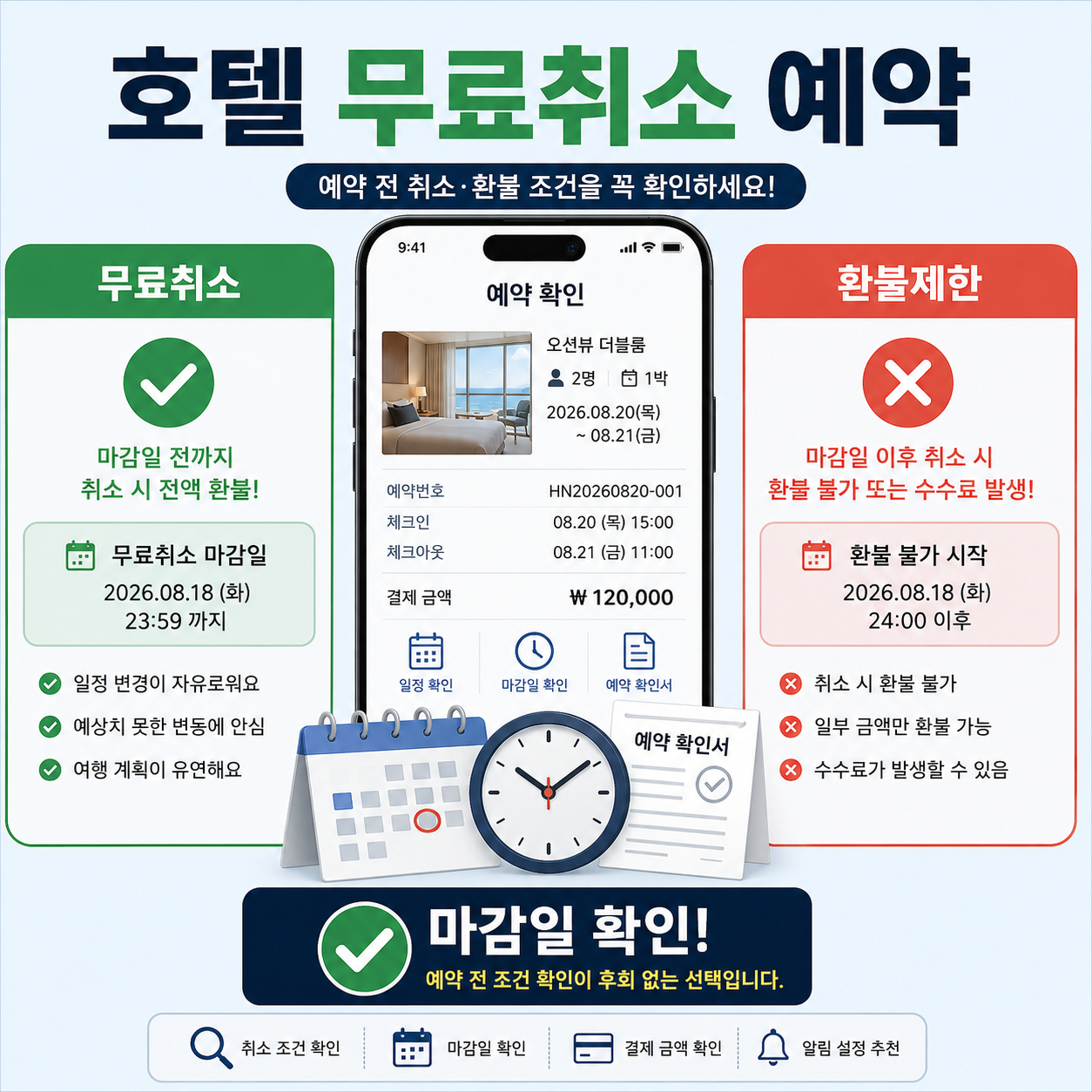 2026 호텔 무료취소 예약과 환불불가 취소수수료 조건을 비교한 대표 이미지