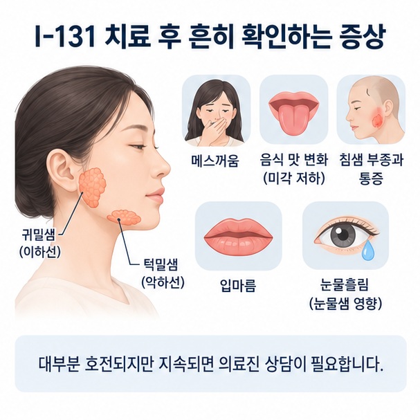 방사성요오드 치료 뒤 메스꺼움, 미각 변화, 침샘 부종과 입마름을 차분하게 설명한 이미지