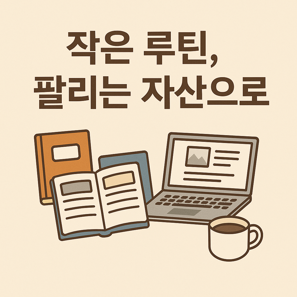 작은 루틴을 디지털 자산으로 전환하는 컨셉의 썸네일 – 노트북, 템플릿, 책, 커피잔 아이콘이 따뜻한 톤으로 표현된 일러스트