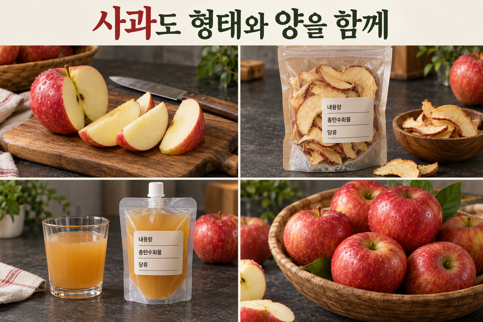 생사과와 말린 사과&middot;즙의 내용량과 영양 표시를 구분하는 장면.