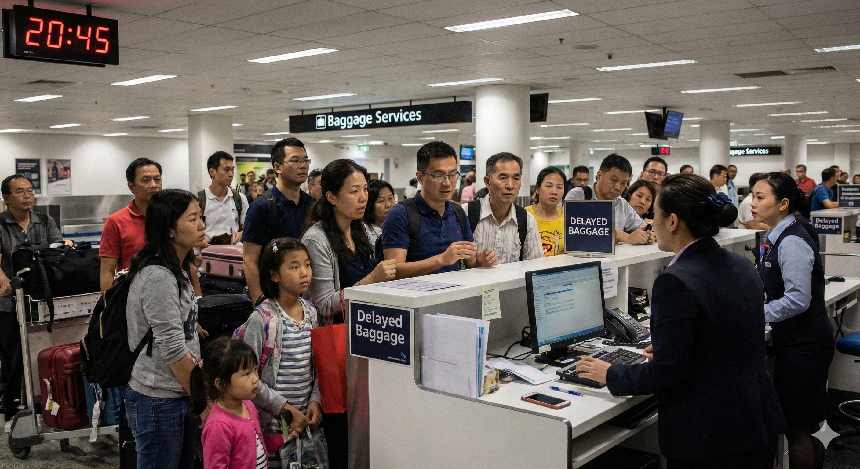 수화물 서비스 센터에서 안내를 받고 있는 아시아계 탑승객들
