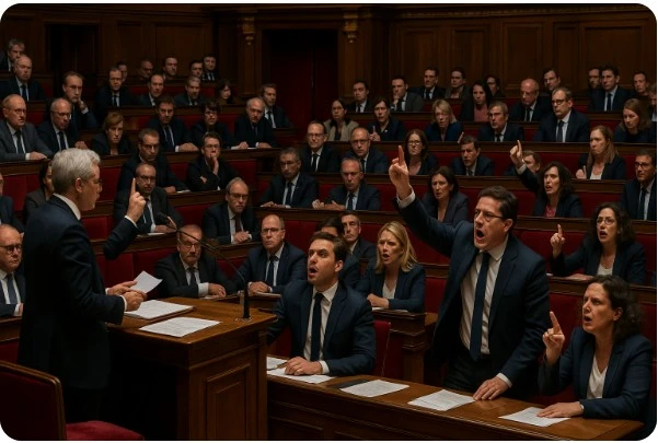 프랑스 의회 본회의장에서 여야 의원들이 격렬히 토론하는 장면