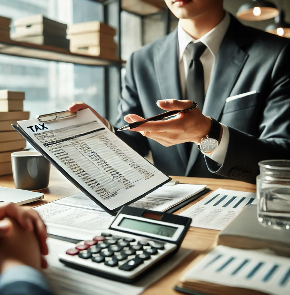 세무전문가가 고객과 세무관련 문서를 검토하며 상담하는 장면