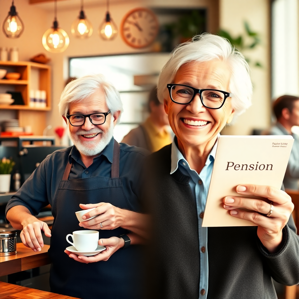 정년 없이 활기차게 일하는 노인(예: 카페 바리스타, 상담사)의 모습과 동시에, 연금 통장을 받아 들고 미소 짓는 행복한 얼굴을 합성하거나 나란히 배치하여 긍정적인 시너지를 표현합니다.