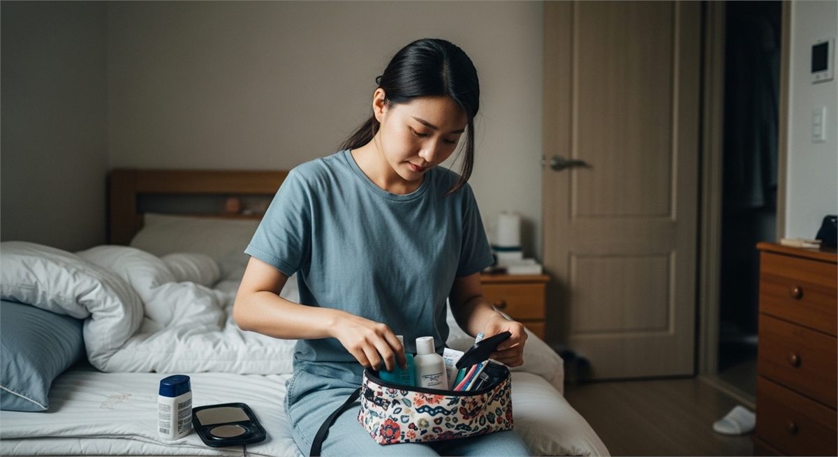 민박 여행 전 세면도구를 챙기는 준비 장면 