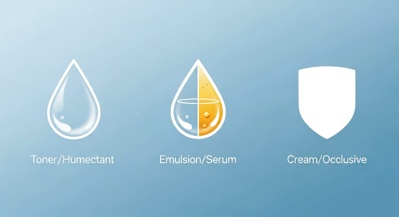 효과적인 보습을 위한 스킨케어 레이어링 순서: 수분 공급, 영양 공급, 보호막 형성 단계 다이어그램