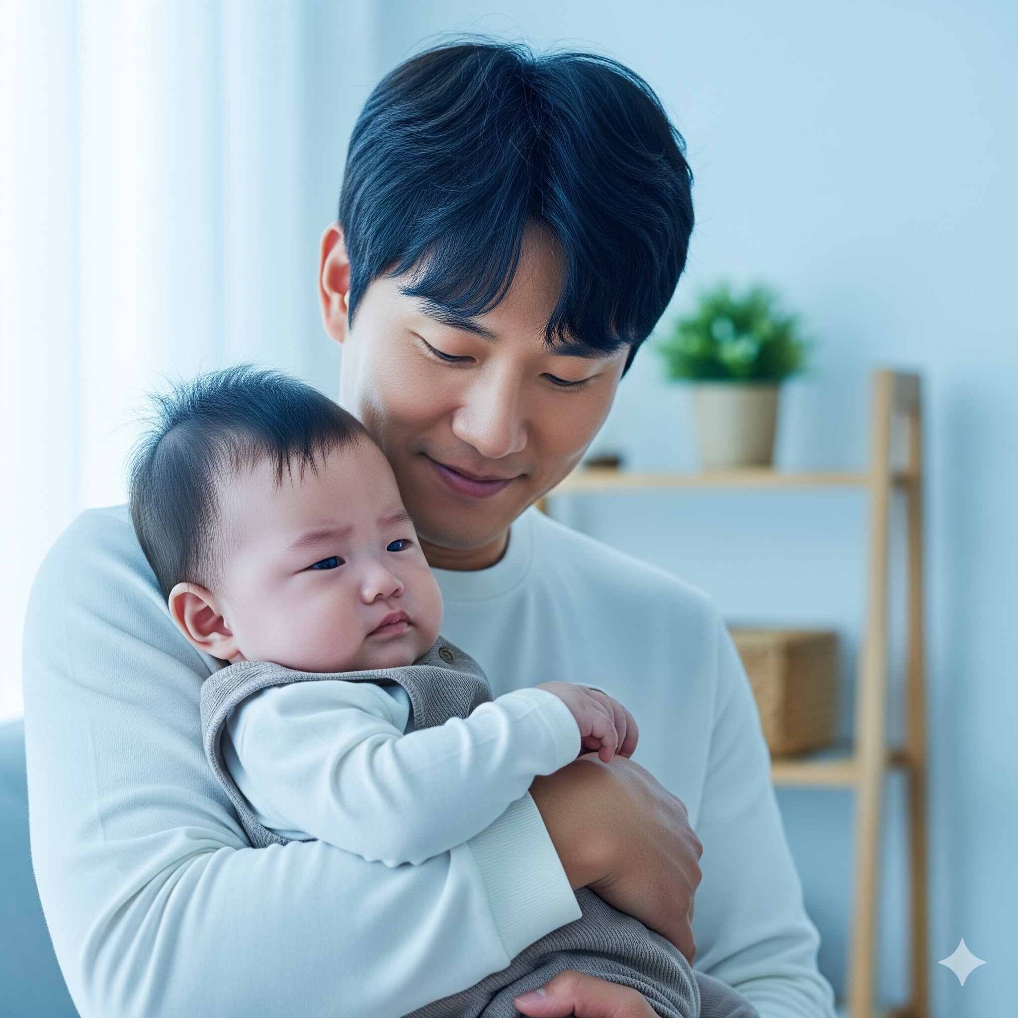 아빠가 예민한 아기를 품에 안고 다정하게 달래는 모습
