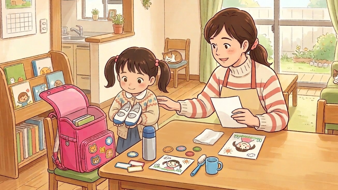 엄마와 아이가 유치원 준비물을 함께 챙기는 모습
