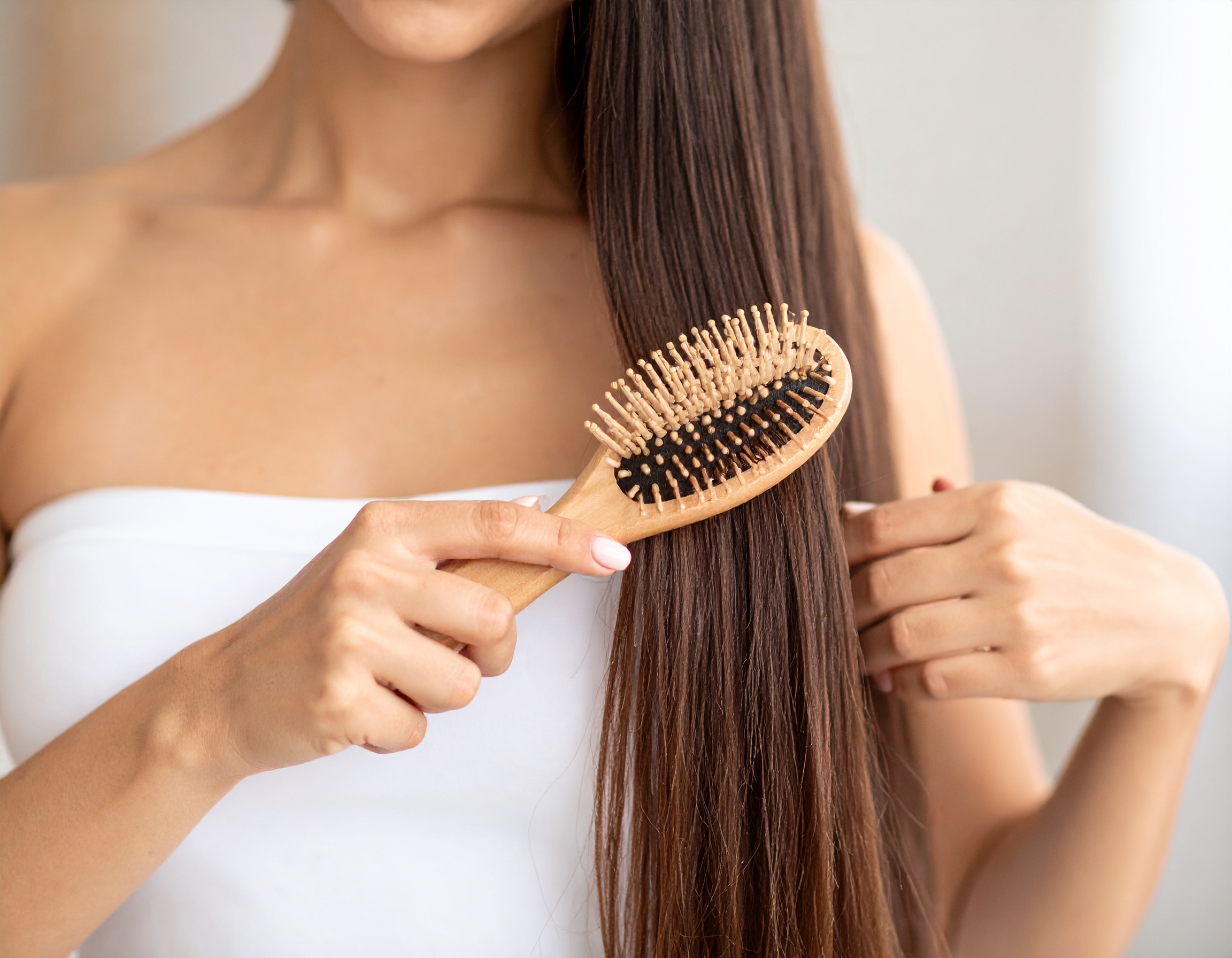 긴 머리를 브러시로 부드럽게 빗고 있는 여성