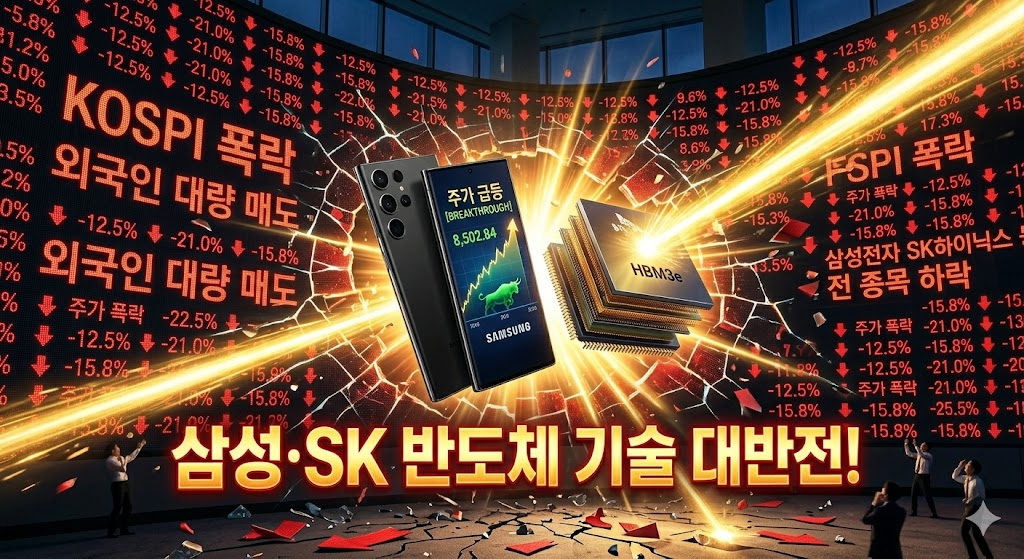 붉은색 하락 화살표가 선명한 주가 전광판 배경 위로, 삼성전자 스마트폰과 SK하이닉스 HBM 칩이 황금빛 레이저를 뿜어내며 균열을 깨고 나오는 반전 이미지