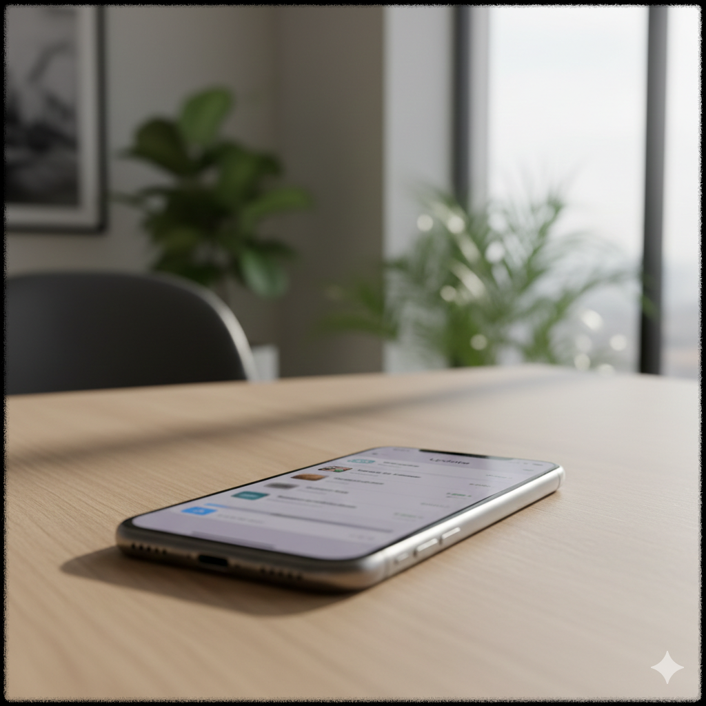 앱 스토어 또는 시스템 업데이트를 확인하는 스마트폰 모습