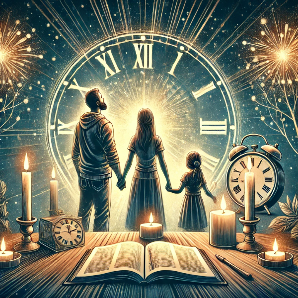 가족이 함께 기도하며 새해를 맞이하는 장면