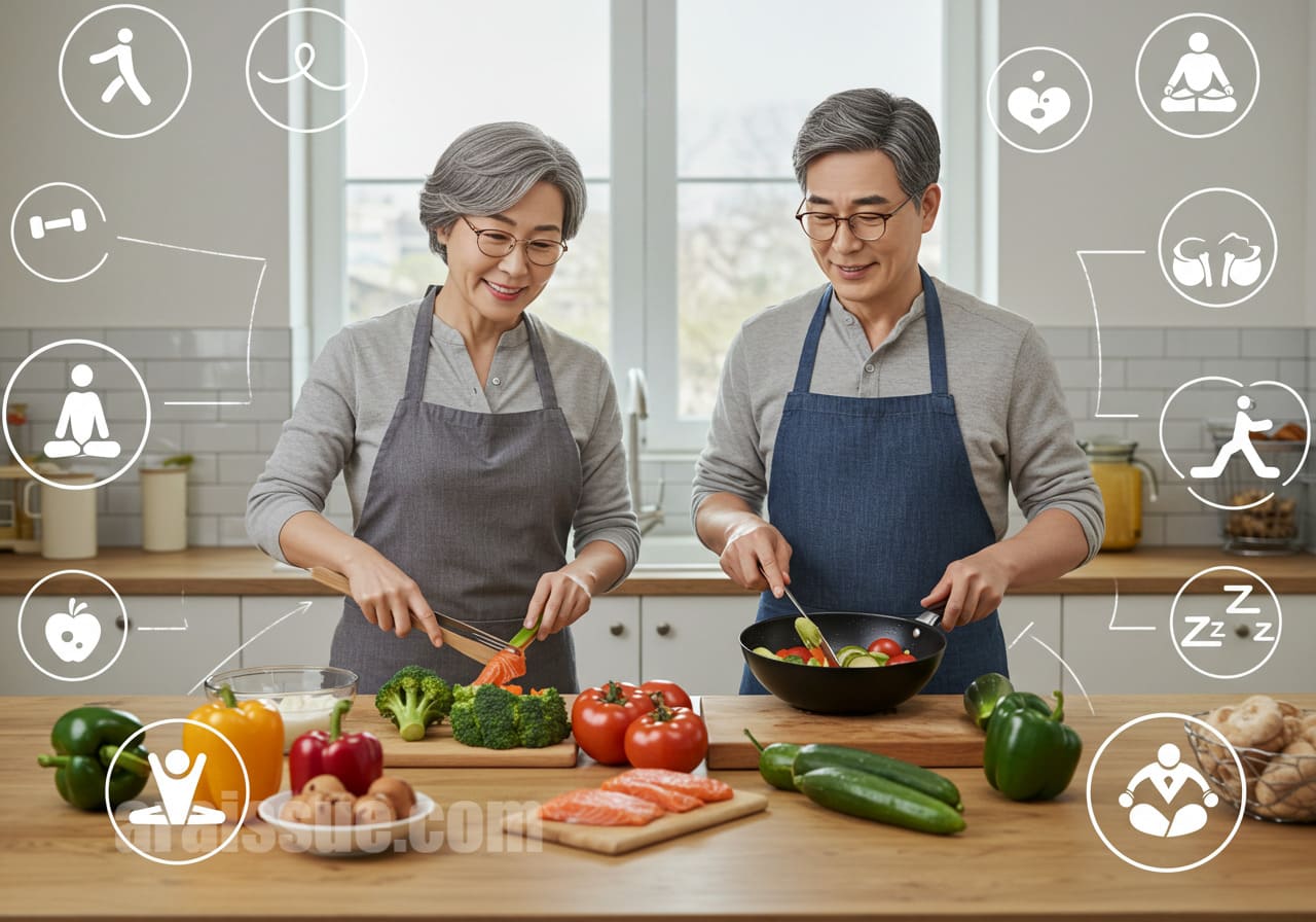 항염증 식단과 생활습관을 보여주는 장면